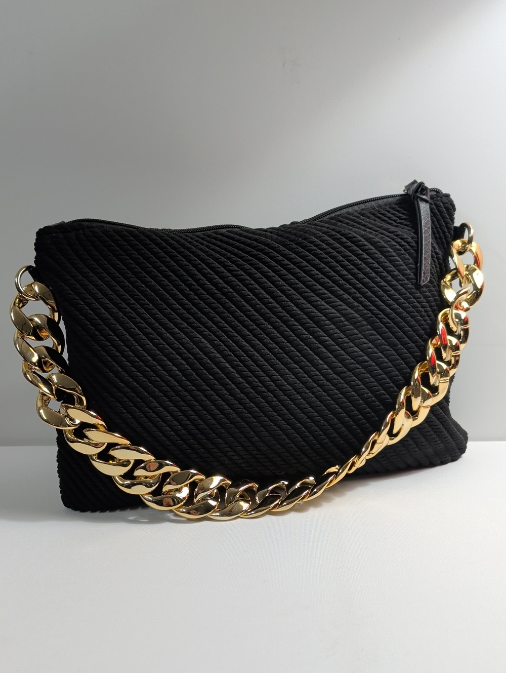 Black Ribbed Clutch Pouch with Chunky Gold Curb Chain